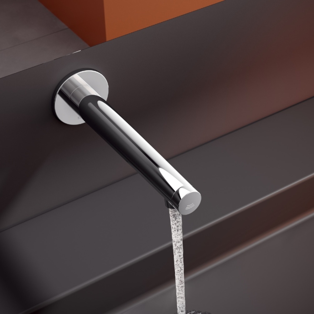 Close up product lifestyle image of the Keuco IXMO Round Wall Mounted Sensor Basin Mixer 59517 011101